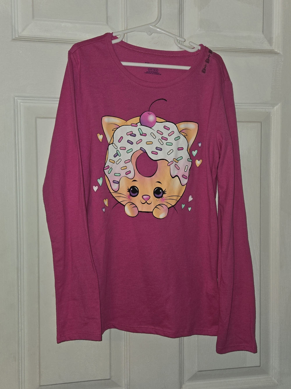 Childrens's Place Bright Pink Long Sleeve Tee with Donut Cat SZ Large 10/12